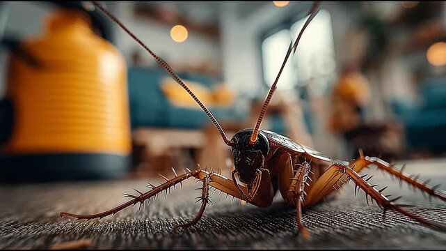 Close-up of cockroach crawling on wooden floor in modern living room, pest control and infestation concept