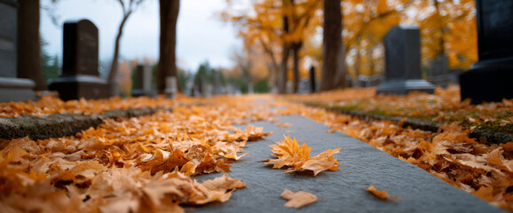 Close-up of fallen autumn leaves covering a cemetery pathway with blurred tombstones and trees in the background during fall season