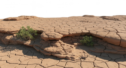 Cracked desert ground with arid rocks, sparse plants, and a desert scorpion
