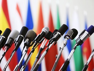 Press conference microphones ready for important global announcement with world flags behind