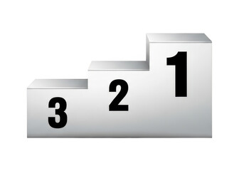 Three tiered metallic platform displays numerical rankings for first, second, and third place achievements