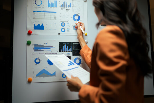 Businesswoman analyzing data charts on a whiteboard
