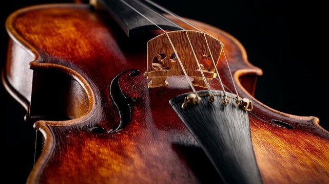 A close view of a classical violin shows warm wood grain strings and elegant craftsmanship on dark background expressing music tradition artistry performance and refined cultural atmosphere for concer