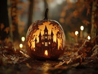 Enchanting Halloween pumpkin glows with spooky castle carving in autumnal forest landscape scene