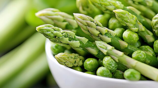A close-up shot of fresh green asparagus spears and round peas in a white bowl, bathed in bright, natural light, highlighting their vibrant colors and textures.
