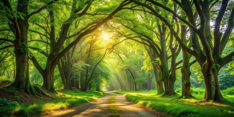 Naklejka premium Sunlit Pathway Through Majestic Arching Trees in a Verdant Forest