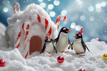 Penguin family building a snow fort with candy canes and snowballs 