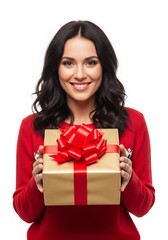 Fototapeta premium Smiling woman in a christmas sweater holding a gold gift box with a red ribbon and bow perfect for holiday and festive designs on white background