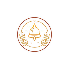 “round badge christmas logo with line-art bell in the center, thin circular frame, minimalist gold stroke details, elegant festive emblem design, white background”