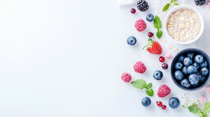 A top-down view of a healthy breakfast arrangement featuring fresh berries like blueberries, raspberries, and strawberries, along with a bowl of oatmeal and min