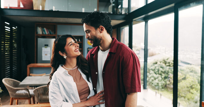 Smile, love and couple in home with care, communication or marriage commitment to partner. Happy man, woman and trust in house for loyalty, support and bonding together with healthy relationship