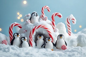 Penguin family building a snow fort with candy canes and snowballs 