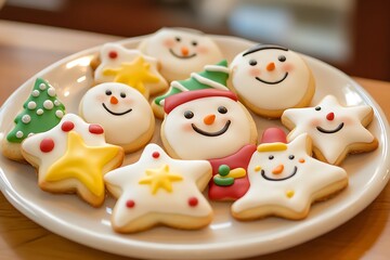 •	Plate of assorted cartoon cookies shaped like stars, snowmen, and Christmas trees with joyful expressions 