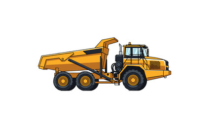 Obraz premium Yellow articulated dump truck with large tires, isolated on white background, side view.
