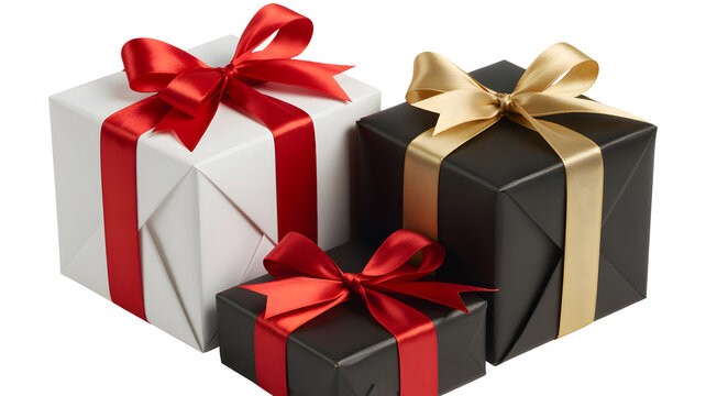 Three gift boxes a white box with a red ribbon, a black box with a gold ribbon, and a small black box with a red ribbon, isolated on a white background, perfect for celebration