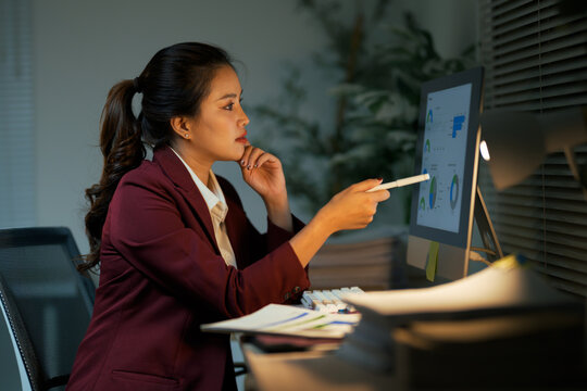 Businesswoman analyzing data on computer screen late at night