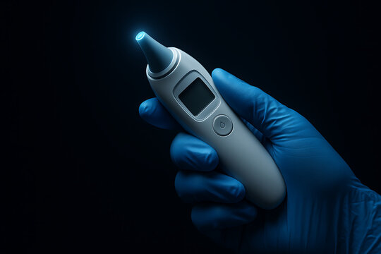 A softly lit close-up showing a gloved hand holding a modern digital ear thermometer, its illuminated tip emphasizing clinical hygiene, diagnostic accuracy, and contemporary medical technology. - Powered by Adobe