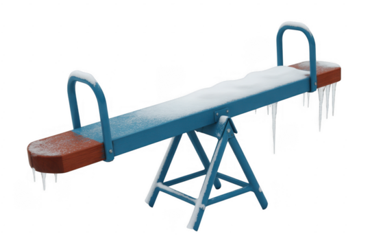 Blue metal seesaw with wooden seats covered in snow and icicles isolated on a transparent background
