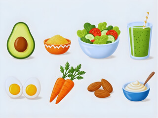Healthy food essentials. 3d icons of avocado, quinoa, salad, smoothie, eggs, carrots, almonds, yogurt