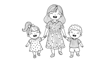 Joyful family bond with mother and her two happy children walking together in heartwarming outline illustration