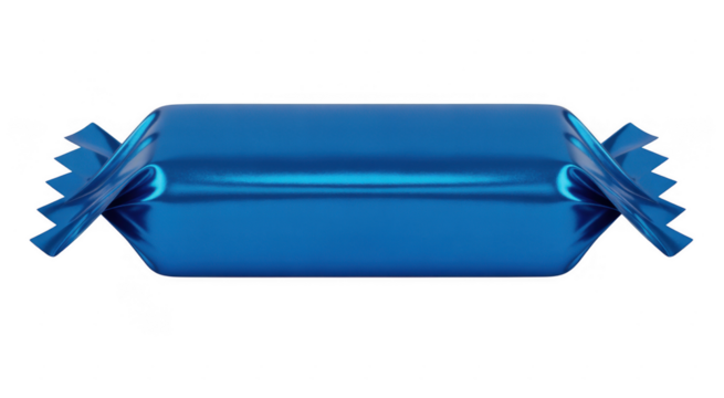 Blue metallic candy wrapper with crimped ends isolated on a transparent background