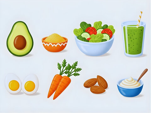 Healthy food essentials. 3d icons of avocado, quinoa, salad, smoothie, eggs, carrots, almonds, yogurt - Powered by Adobe