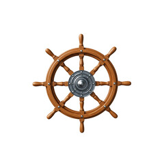 A wooden ship wheel with silver center piece and eight handles on a black background illustration on transparent background