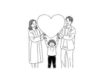 A loving family portrait illustration happy parents and child holding a heart, symbolizing connection and togetherness