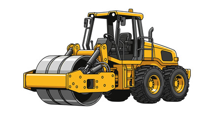 Fototapeta premium A yellow road roller, with a large drum, compacting and smoothing surfaces.