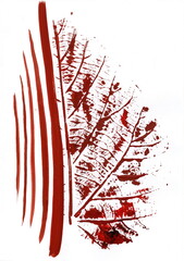 A minimalist yet expressive image, created using monotype and expressive brushstrokes, on a pure white background. The drawing is monochrome and executed in a rich, dark red or burgundy color.
