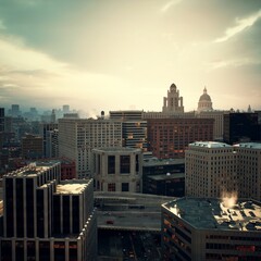 Fototapeta premium Golden light bathes the city skyline as the sun sets, showcasing tall buildings. Soft shadows stretch across rooftops while the bustling streets hint at evening activity.