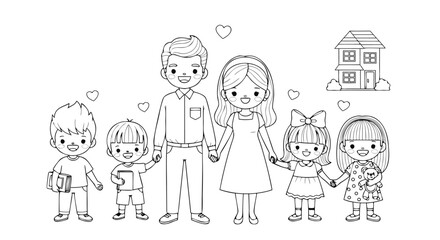 Joyful cartoon family portrait featuring parents and four children holding hands, embracing togetherness and happiness, ideal for vector art coloring pages