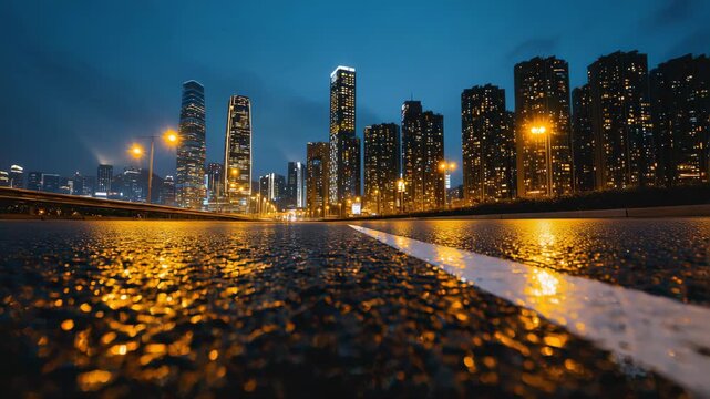 A cityscape with tall modem buildings, a clear sky with some clouds, and an empty road in the foreground. The buildings are illuminated, suggesting it is either dusk or early evening