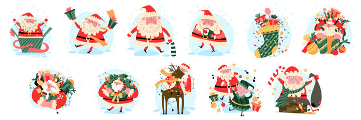 A large set of vector illustrations featuring Santa Clauses. Flat style vector illustration.