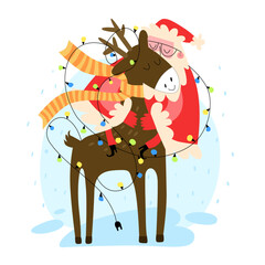 Vector illustration of Santa Claus riding a reindeer with gifts and New Year's garland.