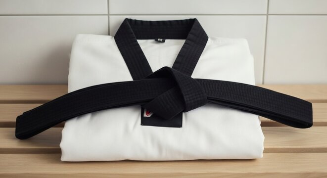 Martial Arts Uniform Black Belt Achievement On Wooden Bench.