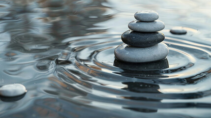 Zen stones stacked in water with ripples, symbolizing balance and tranquility