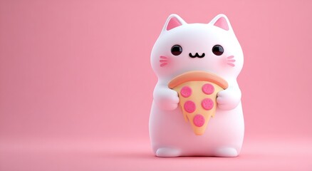 Cute white cartoon cat holding pizza slice on pink background
