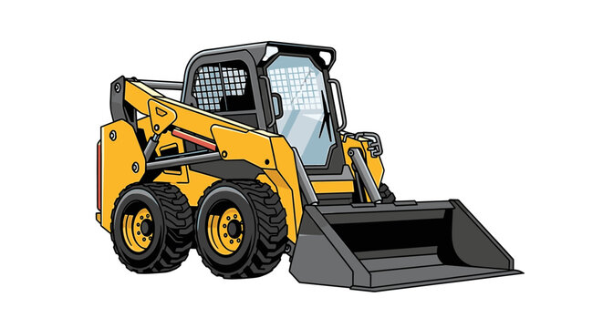 A yellow skid-steer loader, ready for construction, isolated on white.