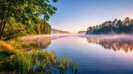 Fototapeta premium Serene Morning Scene at a Misty Lake Surrounded by Lush Trees and Gentle Reflections on Calm Water