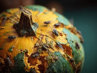 Decaying pumpkin covered in flies, a spooky, eerie scene perfect for Halloween or horror themes