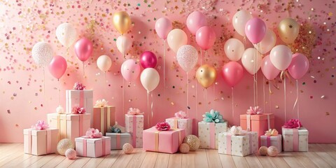 A delightful celebration scene featuring numerous pastel-colored balloons and elegantly wrapped presents arranged against a backdrop of pink confetti stars.