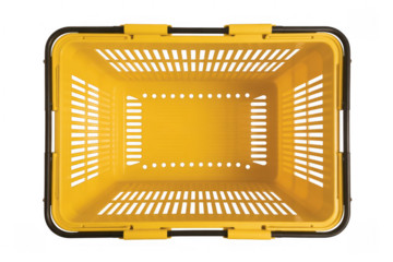 Bright yellow plastic shopping basket with black handles isolated on a transparent background