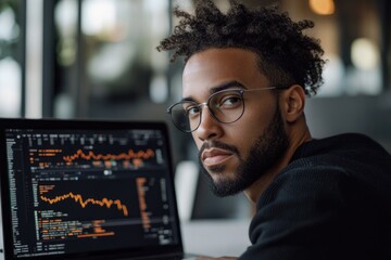 Fototapeta premium A focused man with glasses looks intently at the viewer, working on a laptop displaying data charts and programming code.