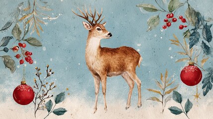 A watercolor depiction of a deer placed against a cheerful, holiday-themed Christmas backdrop
