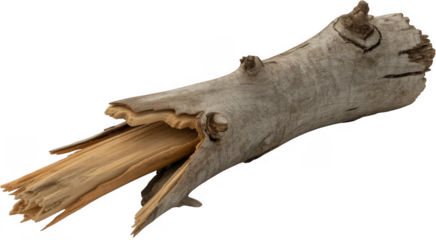 Broken weathered gray wood branch with rough texture isolated on a transparent background
