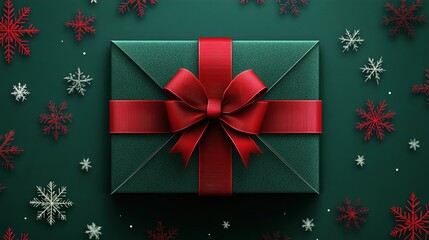 green gift box with a red ribbon, a christmas background, snowflakes, and white stars around the present, holiday celebration, new year greeting card design