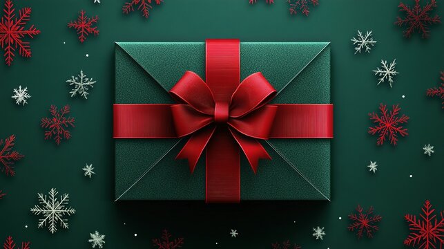 green gift box with a red ribbon, a christmas background, snowflakes, and white stars around the present, holiday celebration, new year greeting card design - Powered by Adobe