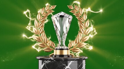 Trophy of Champions A Gleaming Crystal Award on a Marble Pedestal Surrounded by Golden Laurel Wreath Symbolizing Victory and Excellence in a Prestigious Competition.