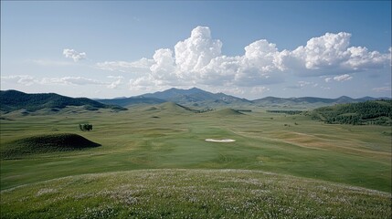 A vast green golf course fairway stretches across rolling hills under a bright blue sky with dramatic white clouds. A sand trap is visible on the left side of t